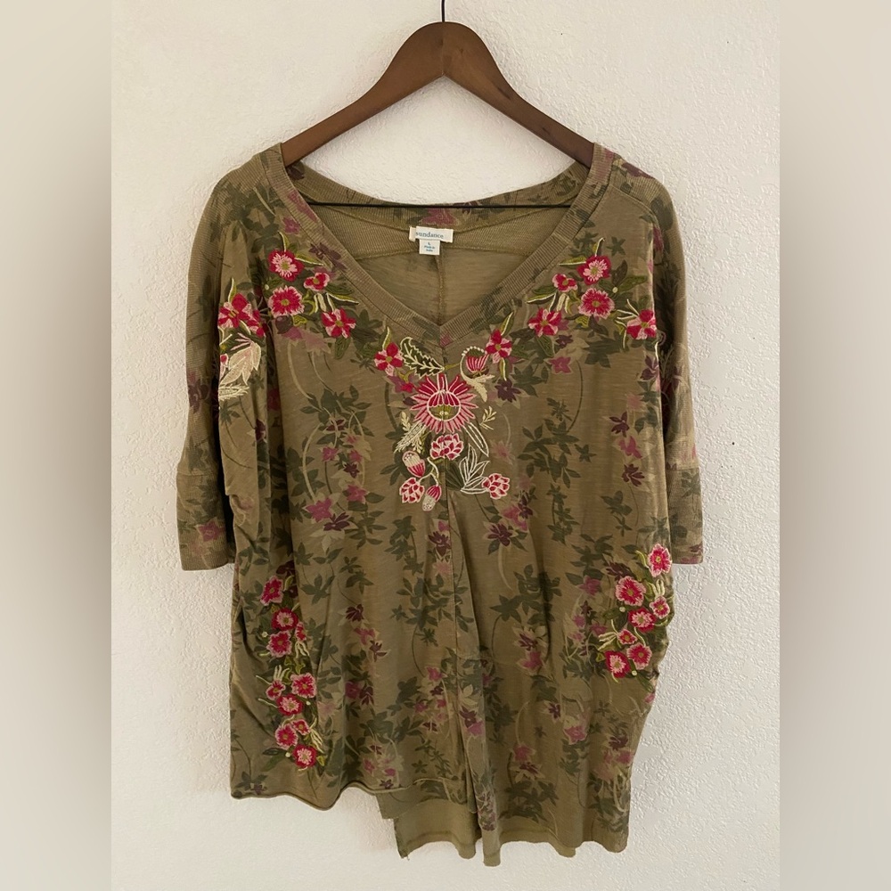 Sundance Womens Green Floral Asymmetrical Embroidered Boho Granola Top Large